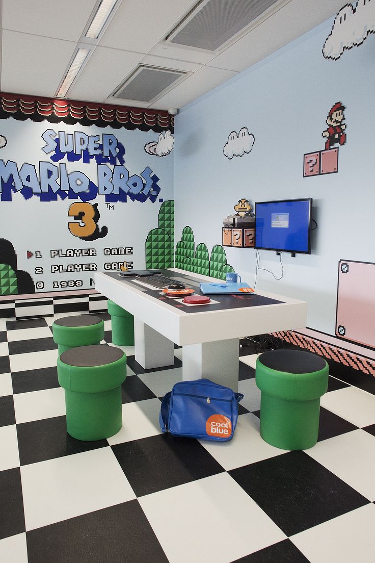 Sala de reunião inspirada em Mario Bros