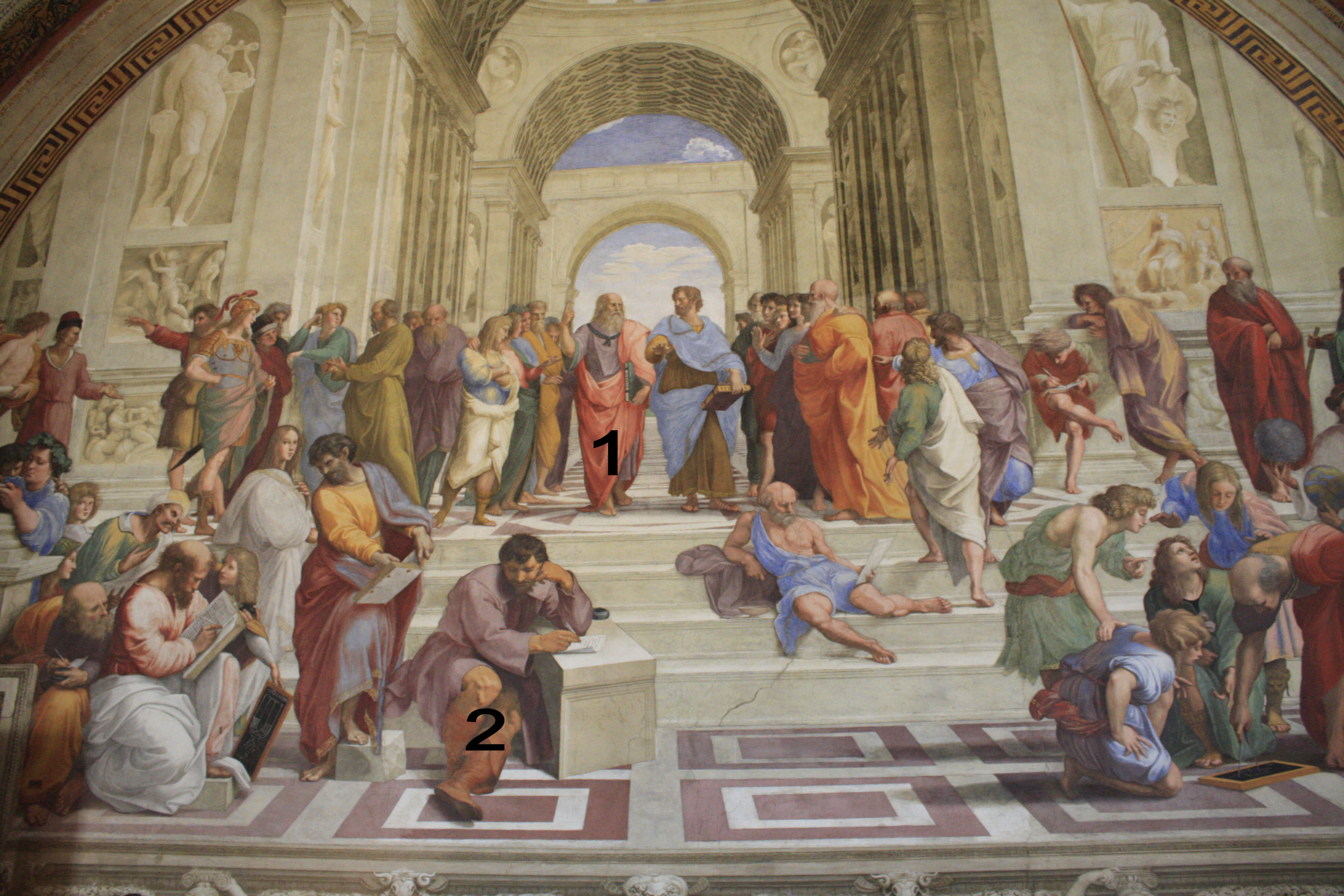 A Escola de Atenas, 1506-1510. // 1. Platão segurando o Timeu. (rosto de Leonardo da Vinci). 2. Heráclito (com rosto de Michelangelo).