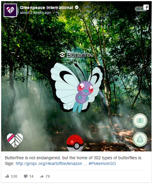 Post de Facebook do Greenpeace: "Butterfree não está em risco de extinção, mas o lar de 302 tipos de borboletas está." Imagem: Divulgação