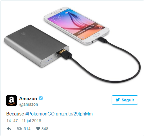 Twitter da Amazon vendendo carregadores de celular portáteis, já que o jogo consome muito a bateria do celular. Imagem: Divulgação